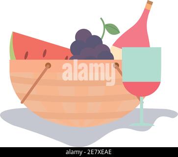 Picknickkorb mit Weinflasche Glas Trauben und Wassermelone Vektor Abbildung Stock Vektor