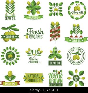 Flaches Label-Set aus natürlichem Olivenöl Werbung mit Oliven Baum Zweige und Oliven isoliert Vektor-Illustration Stock Vektor