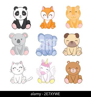 Setzen Sie niedliche Tiere. Vektorgrafik. Elefant, Löwe, Koala, Hund, Katze, Einhorn, Panda, Fuchs, Bär. Stock Vektor