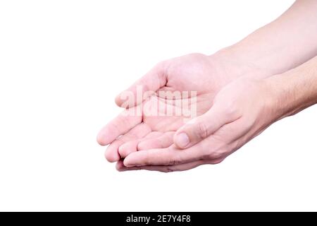 Leere Person Handflächen Hände isoliert auf weißem Hintergrund. Geste zum Geben oder Empfangen von etwas Stockfoto