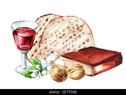 Roter koscher Wein im Glas, Walnüsse, traditionelles jüdisches Buch Haggadah und Matzah oder Matza. Passahseder-Mahlzeit. Pesach. Aquarell handgezeichnet illustrr Stockfoto