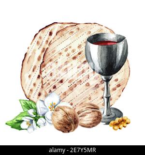 Roter koscherer Wein im silbernen Glas mit Matzah oder Matza. Passahseder-Mahlzeit. Pesach. Aquarell handgezeichnete Illustration, isoliert auf weißem Hintergrund Stockfoto