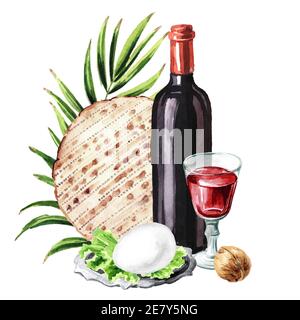 Passahseder-Mahlzeit. Konzept der jüdischen Feiertagskarte Pesach. Aquarell handgezeichnete Illustration, isoliert auf weißem Hintergrund Stockfoto