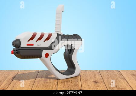 Portable Virtual Game Gun Bluetooth auf den Holzplanken, 3D-Rendering Stockfoto