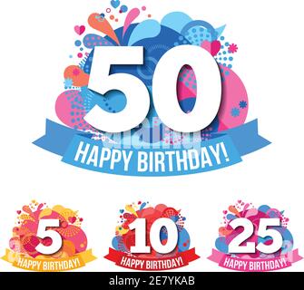 Flache Jubiläums-Embleme mit Happy Birthday Gratulation Bändern und Farbe Isolierte Vektordarstellung für Ballons Stock Vektor