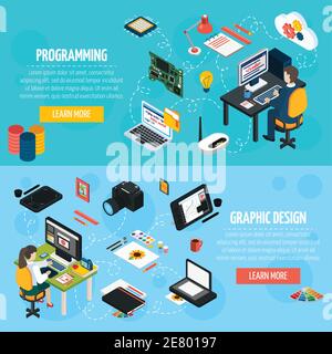 Programmierung und Grafikdesign Banner mit Programmierer und Designer gesetzt Am Arbeitsplatz isometrische Zusammensetzungen und Sammlung von Werkzeugen und Geräten Für Stock Vektor
