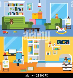 Baby Zimmer Innenräume flach horizontale Banner Satz von Spielzimmer und Schlafzimmer mit Spielzeug und Möbel Vektor Illustration Stock Vektor