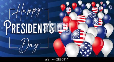 Happy Presidents Day Poster mit fliegenden Luftballons auf Flaggenhintergrund. Vektorgrafik mit handgezeichneter Textbeschriftung für Präsidenten Tag Stock Vektor
