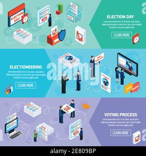 Wahlen und Abstimmung isometrische horizontale Banner mit Wahlkampf Wahltag Und Abstimmungsprozesssymbole setzen flache Vektordarstellung Stock Vektor
