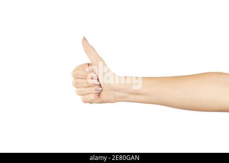 Nicht erkennbare weibliche Person zeigt Daumen nach oben positive Geste. Positives Symbol. Isoliert auf weißem Hintergrund Stockfoto