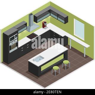 Moderne Küche Interieur isometrische Ansicht mit Counter Herd Herd Backofen Regale Kühlschrank und Schränke Vektorgrafik Stock Vektor