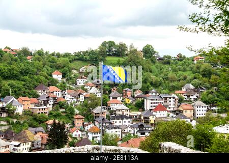 Stadt Travnik von der Festung aus gesehen, Bosnien und Herzegowina Stockfoto