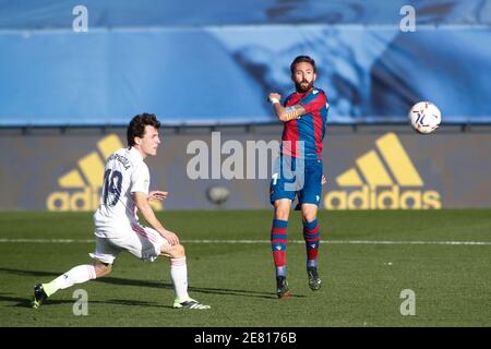 Jose Luis Morales von Levante erzielt ein Tor während der spanischen Liga, La Liga Santander, Fußballspiel zwischen Real Madrid und Levante UD in Ciudad Deportiva Real Madrid am 30. januar 2021, in Valdebebas, Madrid, Spanien gespielt. / LiveMedia Stockfoto