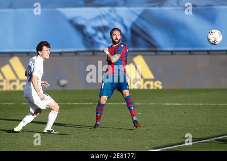 Jose Luis Morales von Levante erzielt ein Tor während der spanischen Liga, La Liga Santander, Fußballspiel zwischen Real Madrid und Levante UD in Ciudad Deportiva Real Madrid am 30. januar 2021, in Valdebebas, Madrid, Spanien gespielt. / LiveMedia Stockfoto