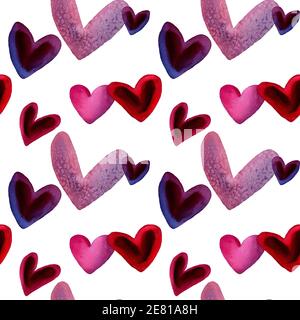 Valentinstag Papiere in den Farben Rosa, Rot, Lila und Blau. Aquarell Herzen in nahtlosem Muster. Februar 14th Hintergründe. Design für Hochzeit Stockfoto