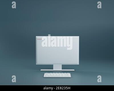 Weißer pc-Computer mit Tastatur auf dunkelblauem Studiohintergrund. Technologiekonzept 3d-Rendering. Moderne Home-Office-Workstation. Minimalistischer Stil. Stockfoto