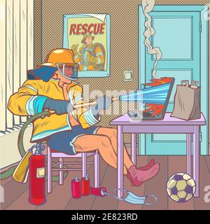 Ein Feuerwehrmann wirft ein Feuer mit Wasser, Online-Hausaufgaben. Heiße Diskussion im Internet Stock Vektor