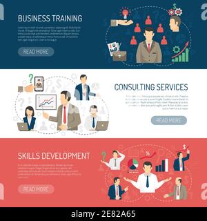 Business Skill Entwicklung Schulung und Beratung Dienstleistungen Website-Design 3 Horizontale flache Banner abstrakt isoliert Vektor-Illustration Stock Vektor