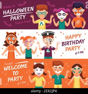 Party Mit Schmierpaint Flat Konzept. Bemalte Flächen Horizontale Banner. Kinder Mit Gemalten Gesichtern Vektorgrafik. Make-up für Kinder isoliert S Stock Vektor