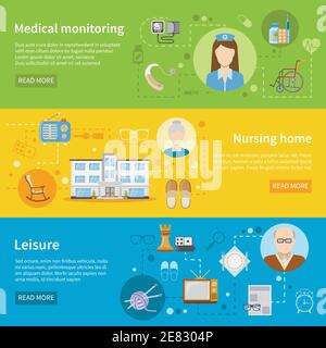 Altenpflege im Pflegeheim horizontale Banner mit Werkzeugen für Medizinische Überwachung und Freizeit Elemente flache Vektor-Illustration Stock Vektor