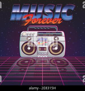 Music Forever Poster mit Retro-Tonbandgerät auf glasig Auf Sternenhimmel Hintergrund flache Vektor-Illustration Stock Vektor