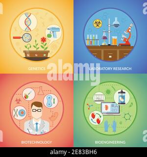 Biotechnologie 2x2 Design-Konzept Satz von Genetik Bioengineering und Labor Forschung Symbole Sammlung flache Vektor-Illustration Stock Vektor