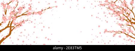 Zweige mit rosa Blüten und Kirschknospen. Sakura. Blütenblätter fliegen im Wind. Isoliert auf weißem Hintergrund. vektor-Illustration Stock Vektor