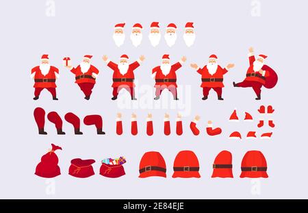 Konstrukteur oder Weihnachtsmann. Teilflächen, Körperteil. Hüte, Schnurrbart, Bart, Brille, um verschiedene Weihnachtsmann zu erstellen. Stock Vektor