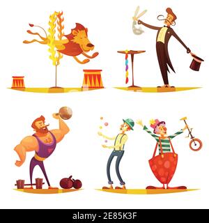 Reisen Zirkus retro Cartoon 4 Symbole quadratische Komposition mit Durchführung Starker Mann Clown und Zauberer isoliert Vektor-Illustration Stock Vektor
