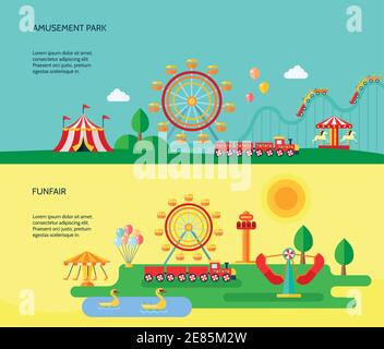 Vergnügungspark Park Attraktionen 2 flache horizontale Banner mit Wanderzirkus Zelt abstrakt isoliert Vektor-Illustration Stock Vektor