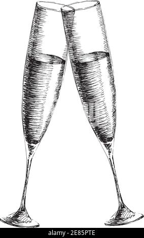 Vektor handgezeichnete Skizze schwarz Illustration von zwei Champagner-Gläser Paar Liebe trinken auf weißem Hintergrund Stock Vektor
