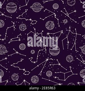 Vektor nahtlose astrologische Muster mit Planeten und Konstellationen. Stock Vektor