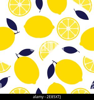 Zitrone nahtlose Muster Hintergrund. Zitrusfrüchte mit Scheiben Vektor-Illustration isoliert auf weiß. Stock Vektor