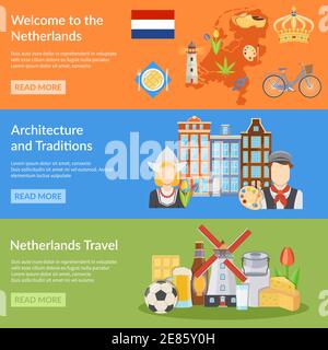 Horizontale bunte niederlande Reise flache Banner mit Karte niederländisch national Symbole Kostüme Küche und Architektur isoliert Vektor Illustration Stock Vektor