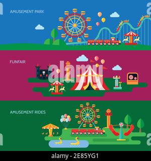 Vergnügungspark horizontale Banner Set mit Kirmes Symbole flach isoliert vektorgrafik Stock Vektor