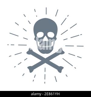 Schädel mit gekreuzten Knochen Symbol. Kreuzknochen-Symbol mit Sunburst. Todeszeichen drucken Vektor-Illustration isoliert auf weiß. Stock Vektor