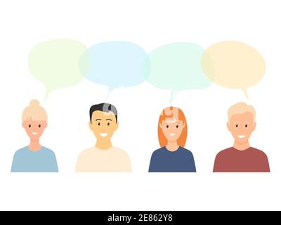 Kommunikation verschiedener Menschen. Junge Männer und Frauen mit Sprechblasen. Diskussionskonzept. Vektor-Illustration zum menschlichen Chatten. Stock Vektor