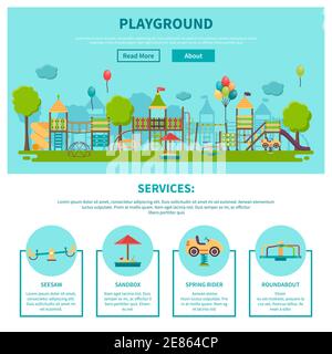 Farbe Illustration Website-Seite über Outdoor-Spiele zeigen verschiedene Spielplatz Dienstleistungen Wippe Sandkasten Frühling Fahrer Kreisverkehr Vektor Illustration Stock Vektor