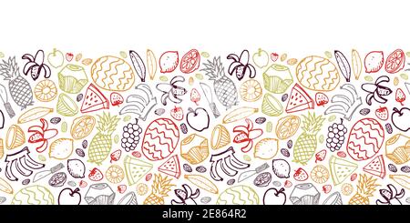 Vektor weiße Früchte Hand gezeichnete Doodle wiederholen horizontalen Rand mit Ananas, Wassermelone, Datteln, Erdbeere, Kokosnuss. Ideal für die Dekoration gesund Stock Vektor