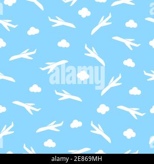 Nahtloses Muster mit Flugzeugen und Wolken. Vector Lufttransport. Bewegungsvektordarstellung isoliert auf blauem Hintergrund. Stock Vektor
