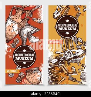 Zwei handgezeichnete vertikale Archaeologiesbanner mit Bildern von Exponaten Von archäologischen Museum und Werkzeuge für Ausgrabungen Vektor-Illustration Stock Vektor