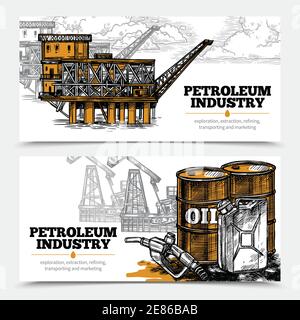 Erdölindustrie handgezeichnete horizontale Banner mit Tanks und Füllung Pistole Symbole und Öl Derricks und arktischen Öl Plattform Vektor Abbildung Stock Vektor