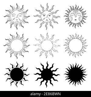 Set von 3 Sonnen im Retro-Stil, Linienkunst und schlichtem Stil. Sterne. Astrologie, Astronomie. Zauberzeichen. Stock Vektor