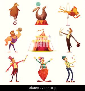 Reisen chapiteau Zirkus retro Cartoon Icons Sammlung mit Zelt und Trainierte Wildtiere Leistung isoliert Vektor Illustration Stock Vektor