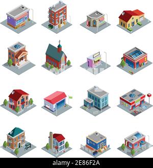 Verschiedene Arten von Gebäuden isometrische Ikonen mit Kirche Geschäfte gesetzt Und Häuser von verschiedenen Design auf weißem Hintergrund isoliert Vektor Abbildung Stock Vektor