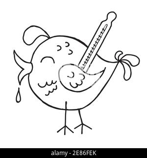 Monochrome Abbildung des Vogels mit Thermometer. Sie ist krank mit Vogelgrippe Stock Vektor