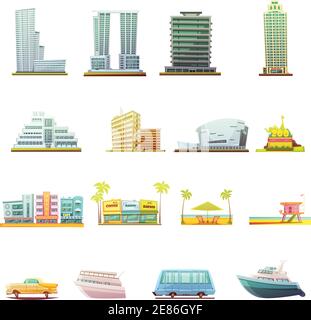 Miami Beach Gebäude Stadt Landschaft Touristen Attraktionen und Transport Elemente Retro Cartoon Icons Sammlung isoliert Vektor Illustration Stock Vektor