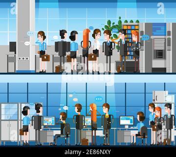 Cartoon Büro Menschen in Innenräumen Zusammensetzung mit Team von positiven jungen Offiziere arbeiten an Computern und Kommunikation mit Partnern Vektor-Illustration Stock Vektor