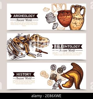 Archaeology horizontale Banner mit Skizze farbige Bilder von antiken Waffen Geschirr und Tierskelett und Beschreibung Archäologie Paläontologie und Stock Vektor