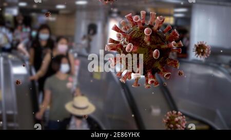 Coronavirus schwimmt auf der Luft, während Reisende tragen Maske am Eingang Rolltreppe der U-Bahn-Station, um die Infektion zu verhindern Covid 19. Der Virus hat verursacht Stockfoto